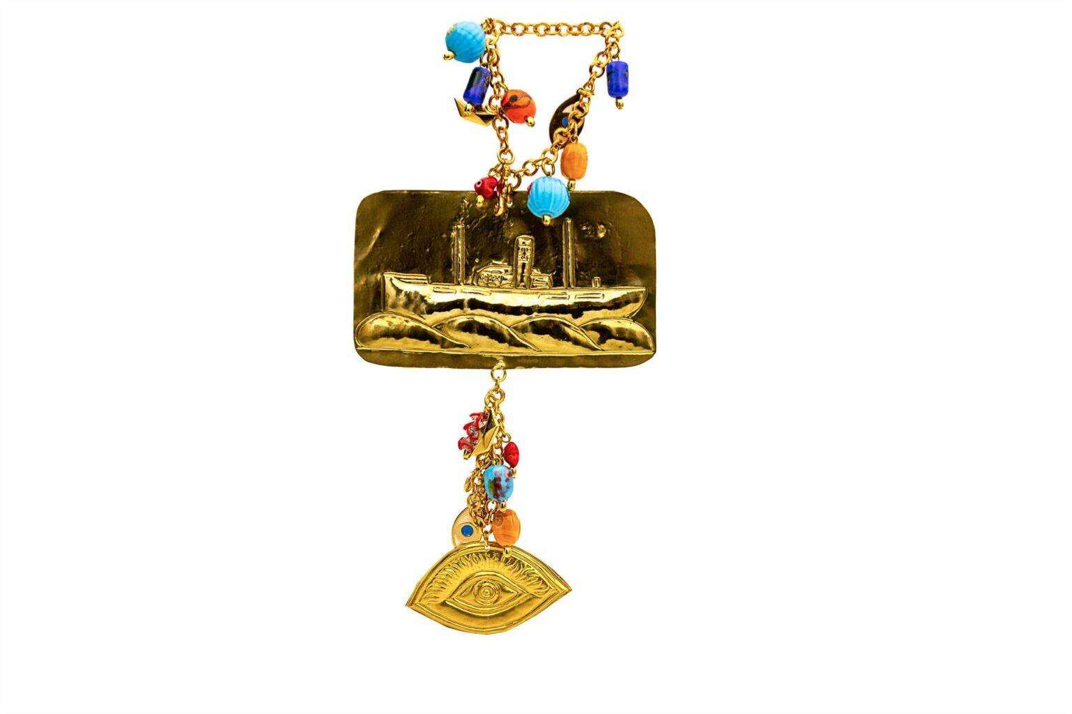 Γούρι- τάμα από φύλλο μπρούτζου , καράβι με κρεμαστό πάφυλλο μάτι και χάντρες - Image 3