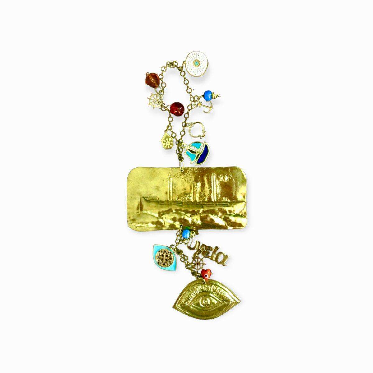 Γούρι- τάμα από φύλλο μπρούτζου , καράβι με κρεμαστό πάφυλλο μάτι και χάντρες - Image 2